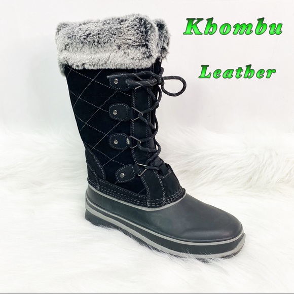 Khombu Shoes - Khombu-Black Leather and Gray Faux Fur lace up all weather snow boots 6